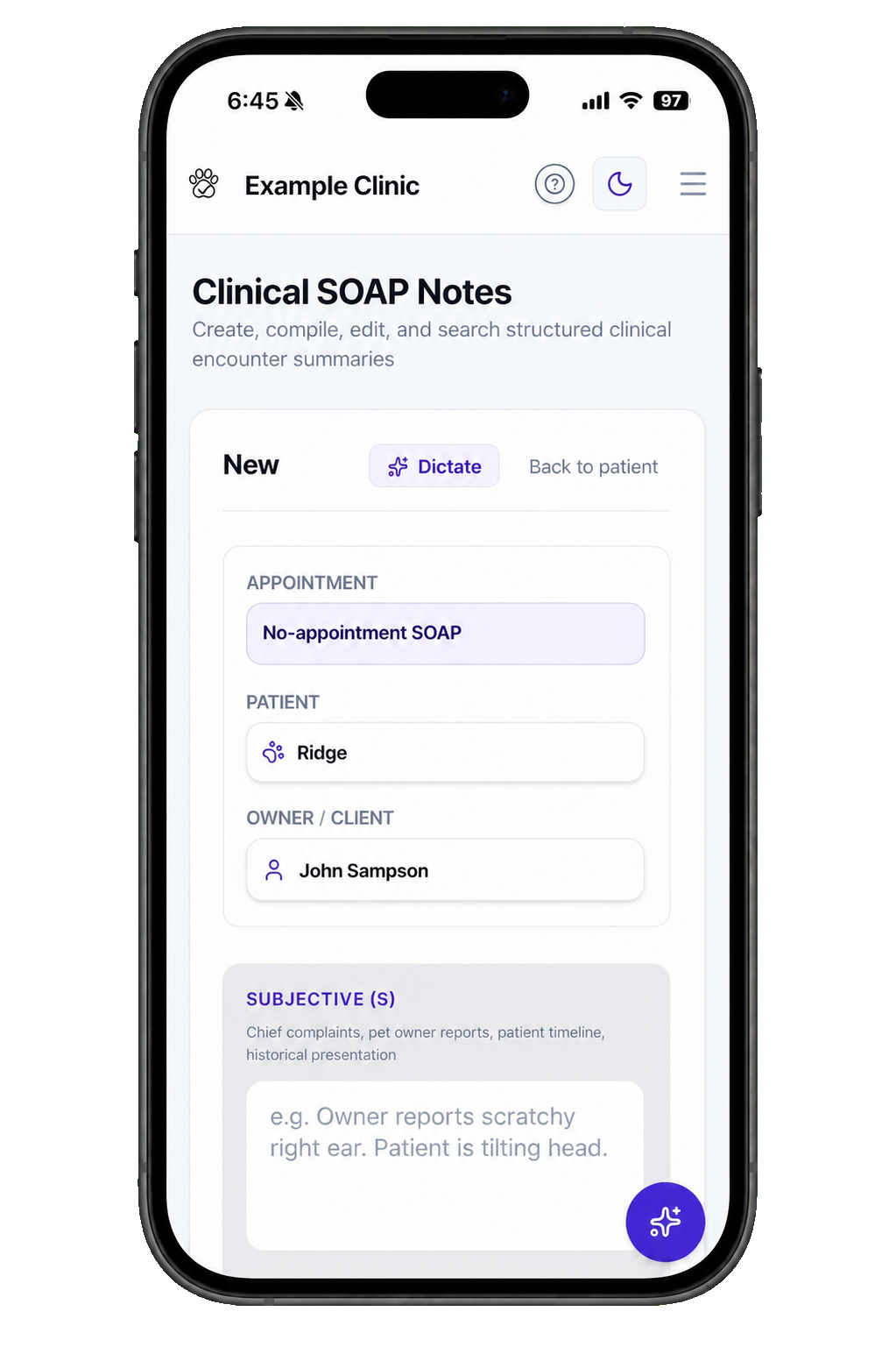 VetMost clinical SOAP notes displayed on a mobile phone